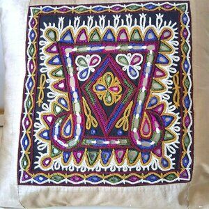 Handwoven Shrujan Indian Embroidered Throw Pillow Cover Silk Beige & Vibrant Mul